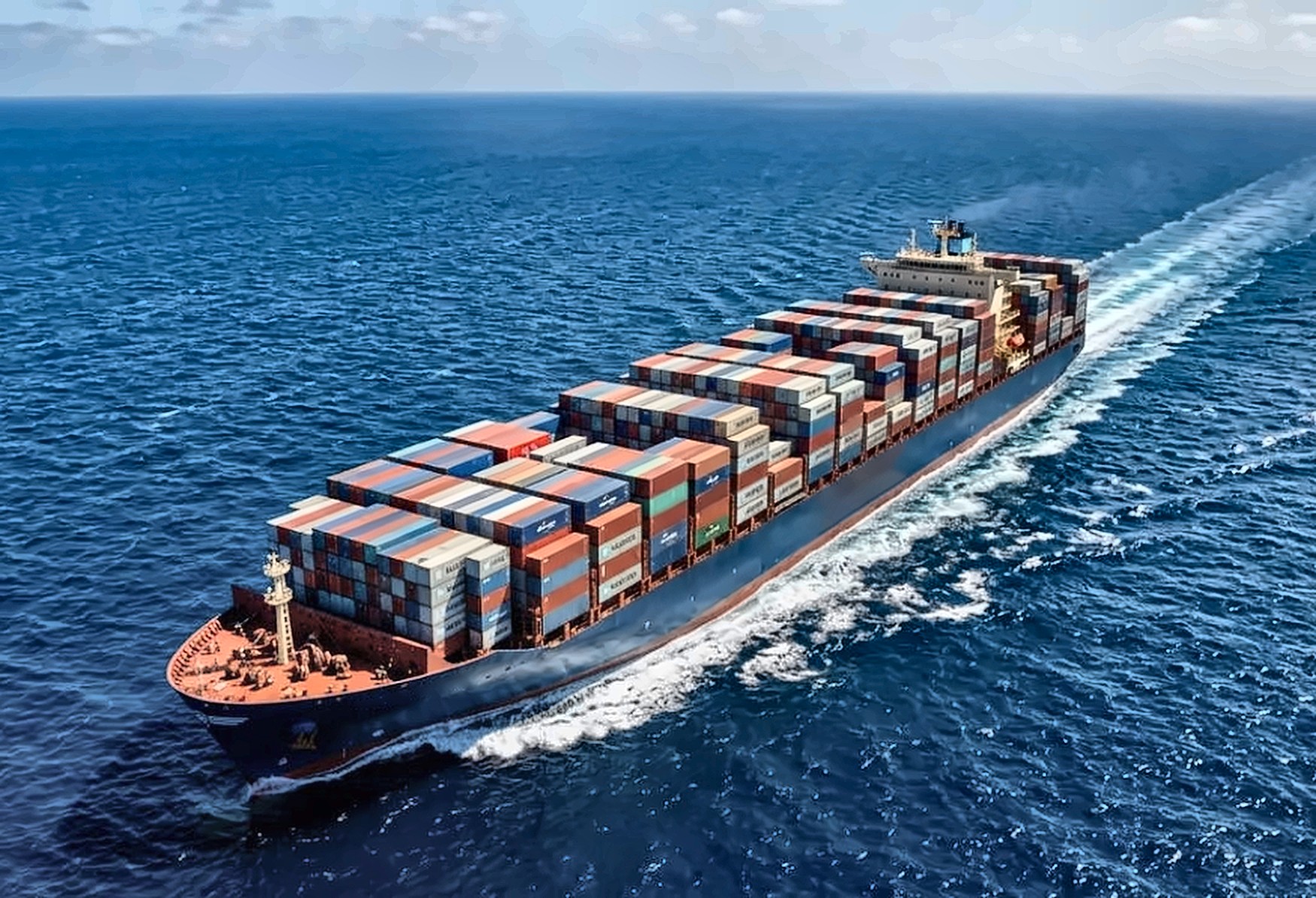 Container ship loaded with containers sailing at sea